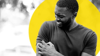 Health: Skin health: man scratching arm yellow circle-1344781506 BW