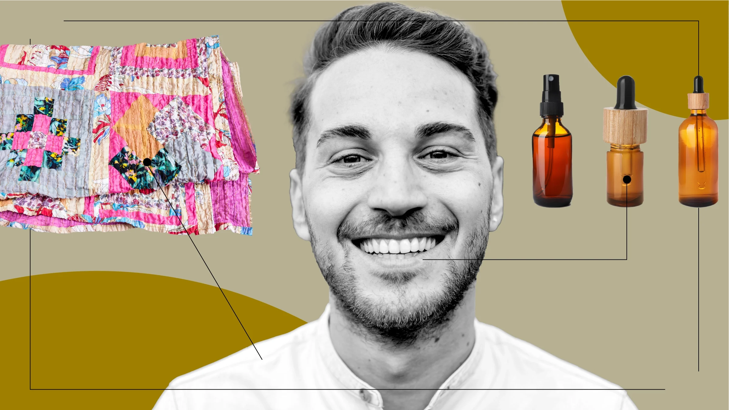 A graphic about taking functional mushrooms includes a photo of a man and images of tinctures and a quilt. 