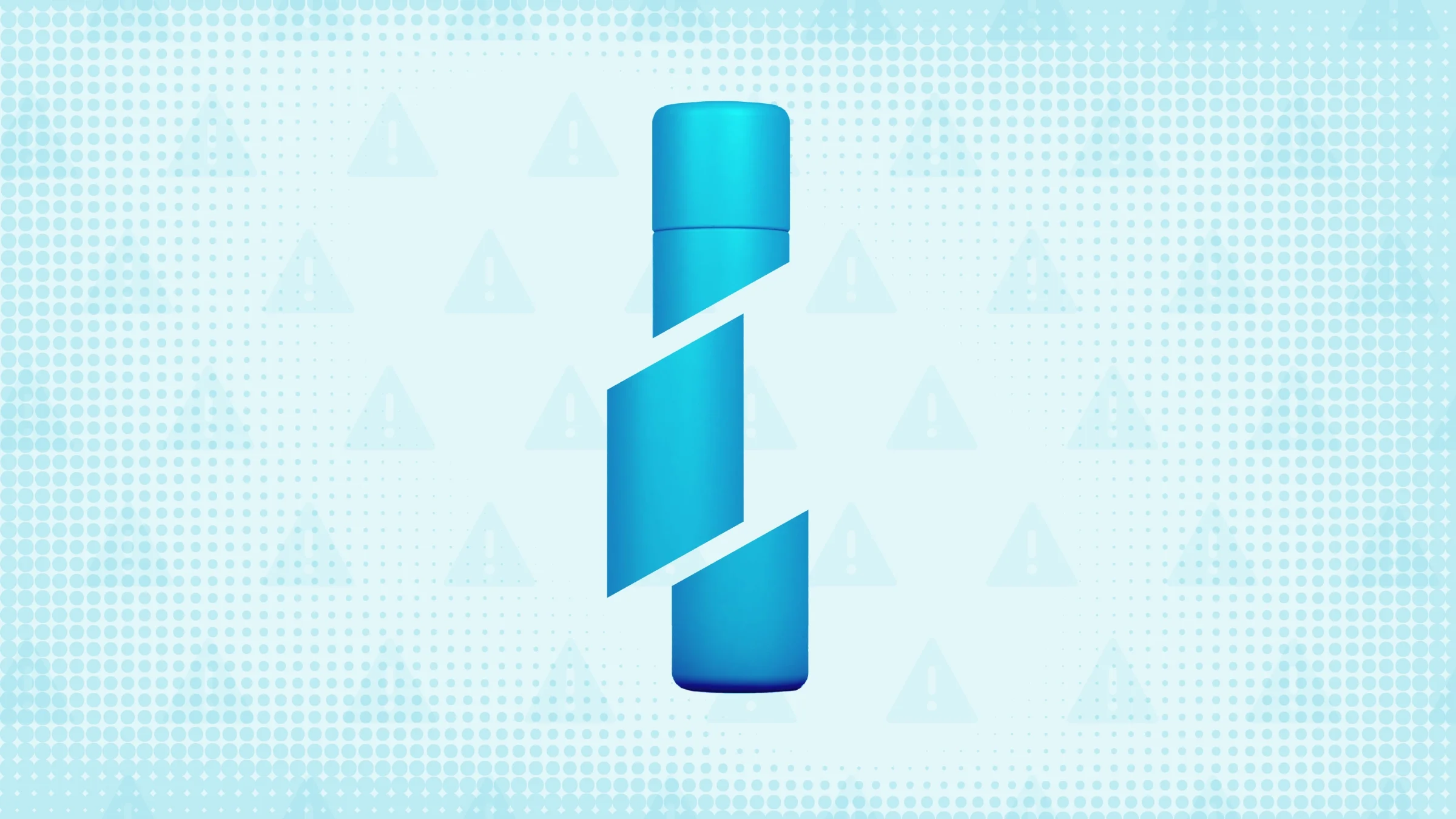 In the center of a teal-blue background with texture and warning sign pattern is a blue gel cream bottle cut into thirds.
