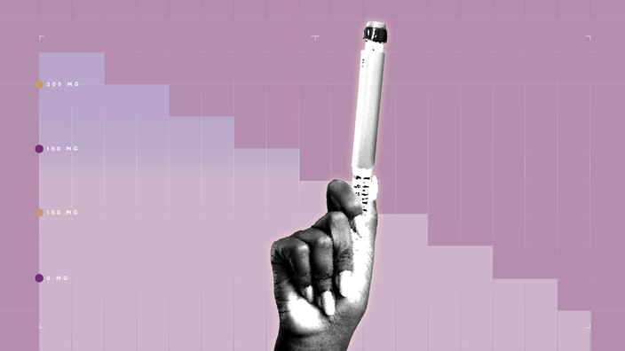 A graphic shows a purple graph-paper background against a black-and-white cutout of a hand holding an autoinjector pen. 