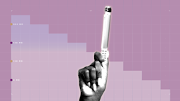 A graphic shows a purple graph-paper background against a black-and-white cutout of a hand holding an autoinjector pen. 
GoodRx Health