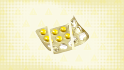 In the center of a yellow background with texture and warning sign pattern is a golden blister pack with some yellow pills still in it, sliced into thirds.
GoodRx Health
