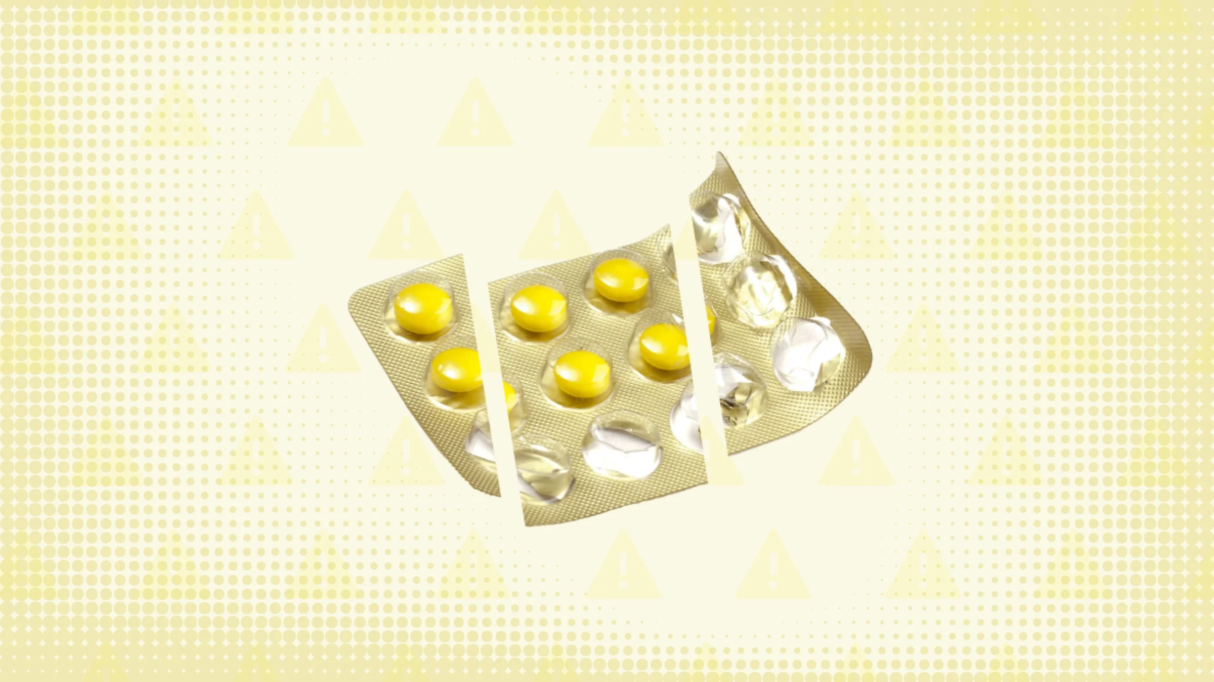 In the center of a yellow background with texture and warning sign pattern is a golden blister pack with some yellow pills still in it, sliced into thirds.
