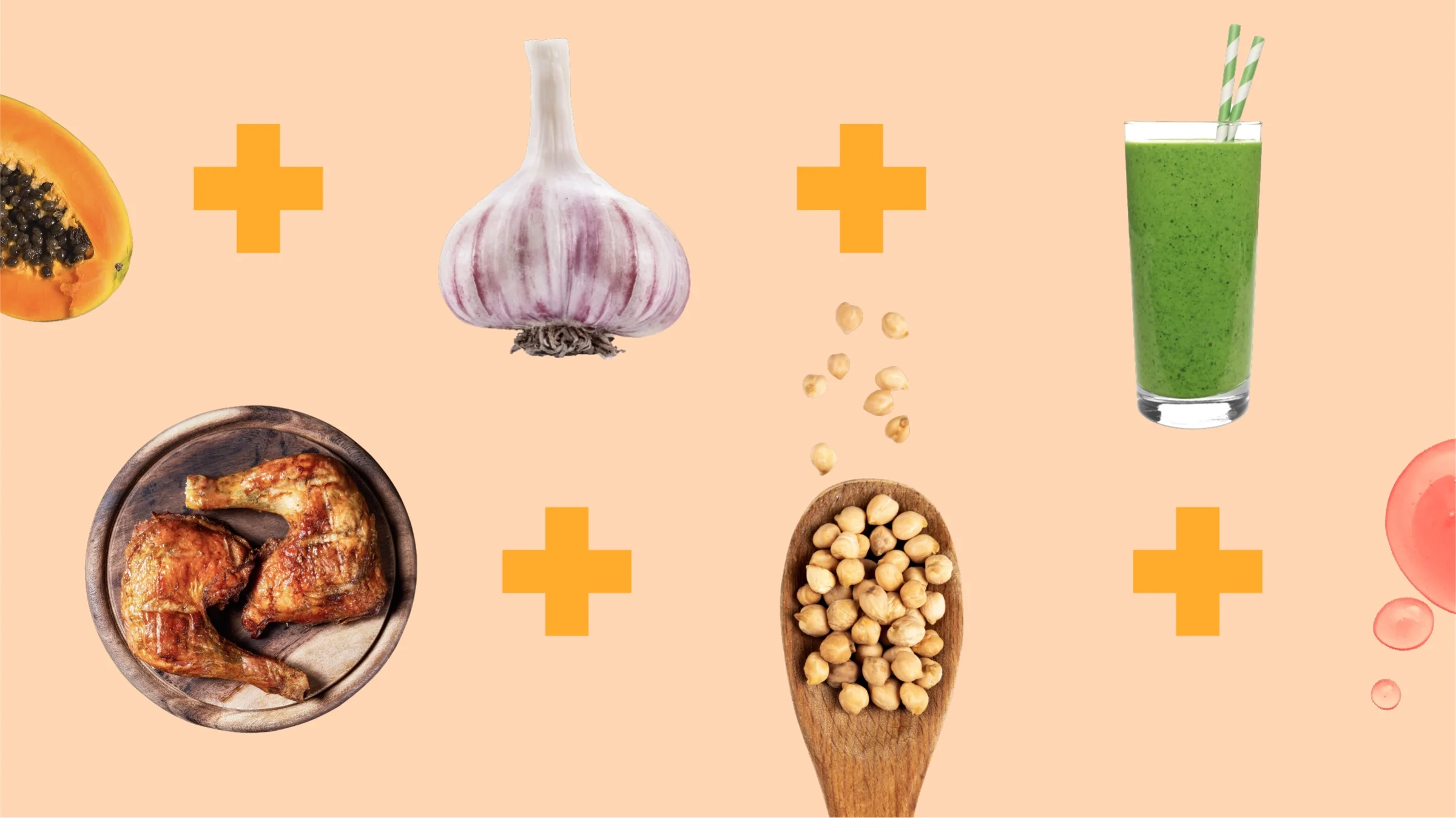 Light orange background with different foods lined up in two rows. They are separated by yellow plus signs. The top row from left to right: papaya, garlic, and green juice. The bottom row from left to right: rotisserie check, chickpeas, and elderberry syrup.