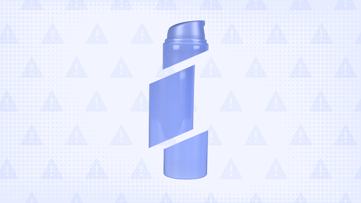 In the center of a light purple-blue background with texture and warning sign pattern is a purple acne gel bottle cut into thirds. 