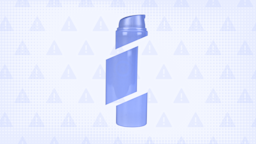 In the center of a light purple-blue background with texture and warning sign pattern is a purple acne gel bottle cut into thirds. 
GoodRx Health
