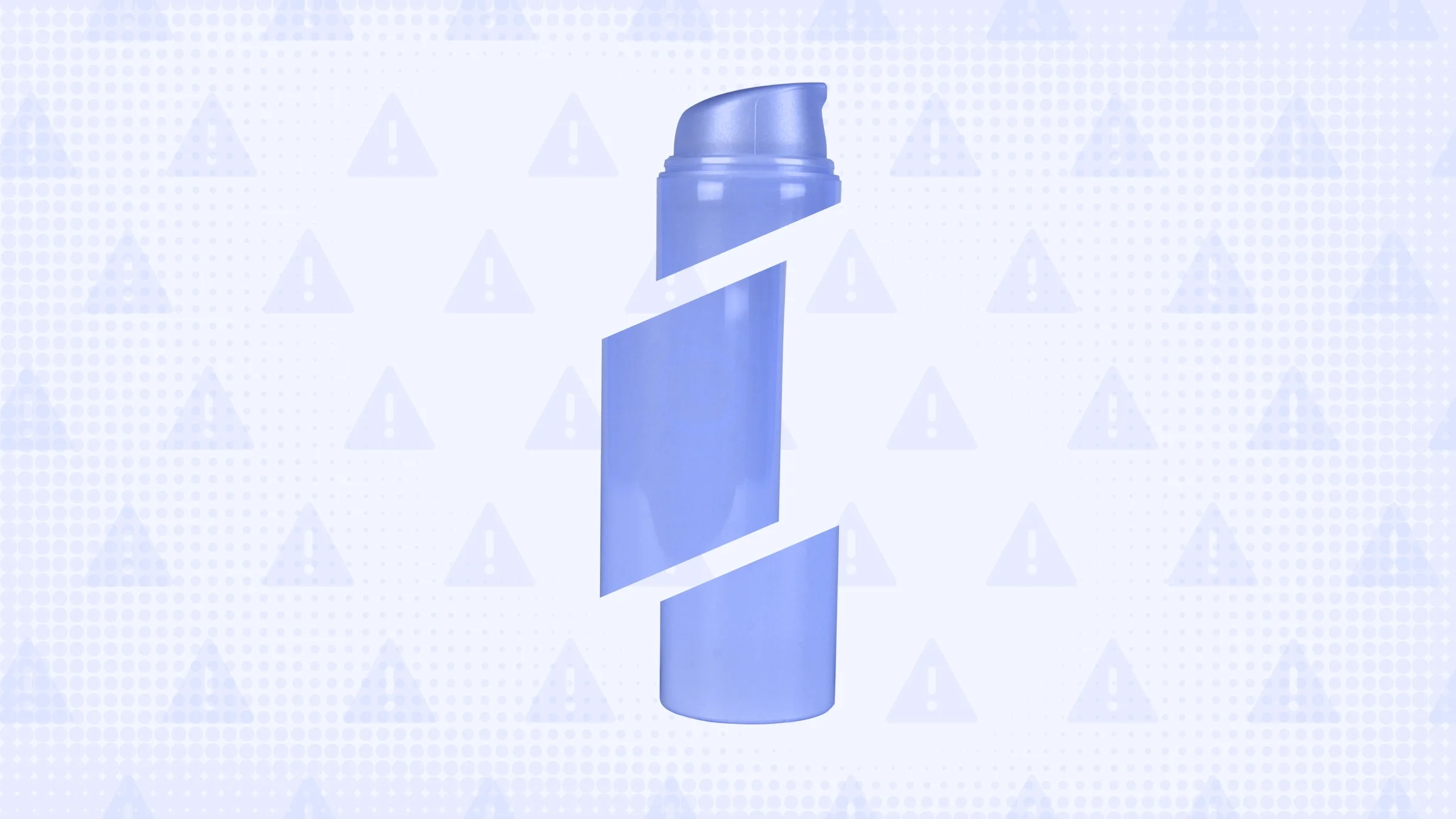 In the center of a light purple-blue background with texture and warning sign pattern is a purple acne gel bottle cut into thirds.