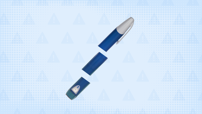 Light navy-blue background with halftone texture and warning sign pattern. In the center is a navy blue medication pen cut into thirds.