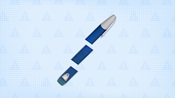 Light navy-blue background with halftone texture and warning sign pattern. In the center is a navy blue medication pen cut into thirds.
GoodRx Health
