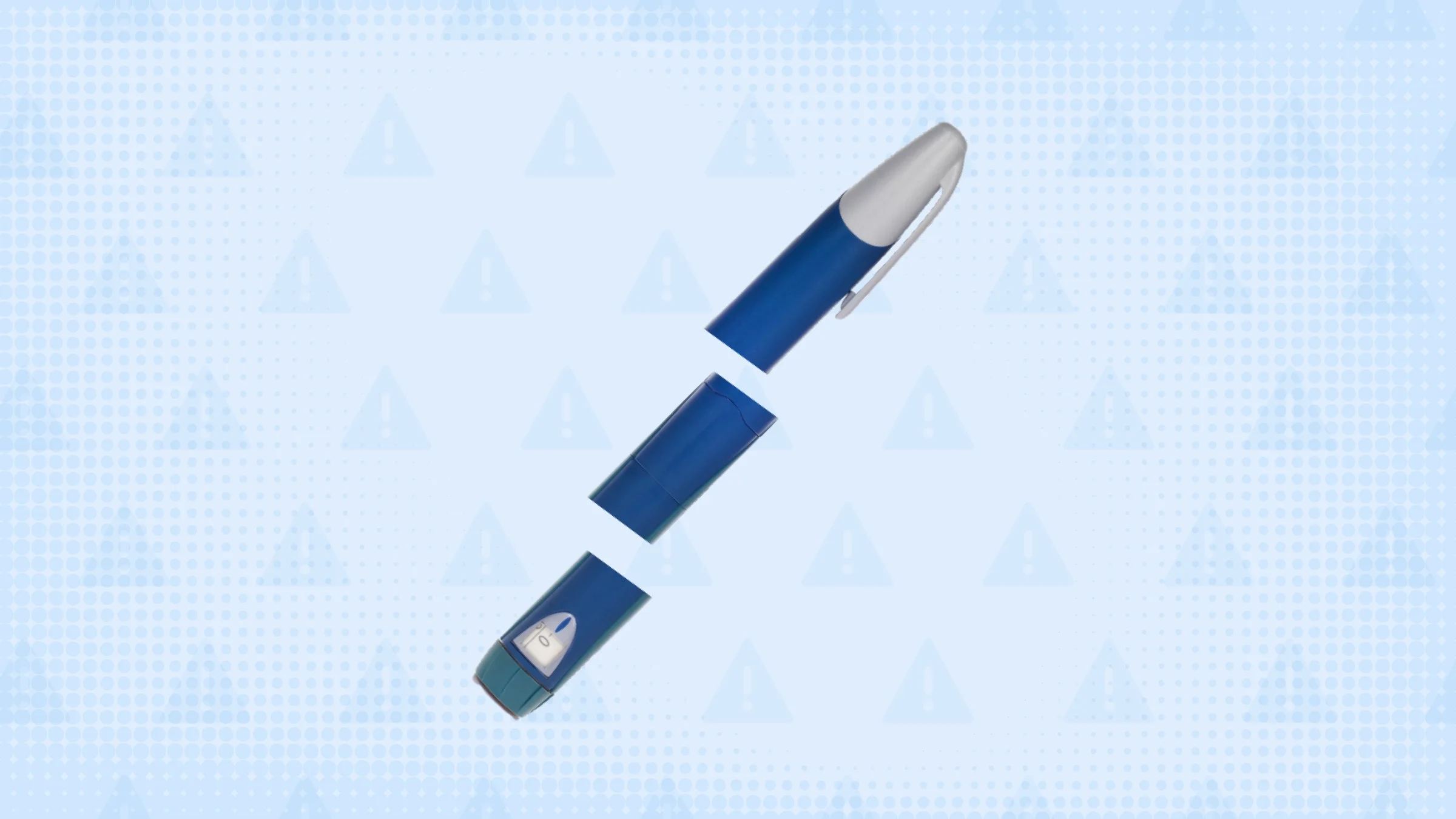 Light navy-blue background with halftone texture and warning sign pattern. In the center is a navy blue medication pen cut into thirds.