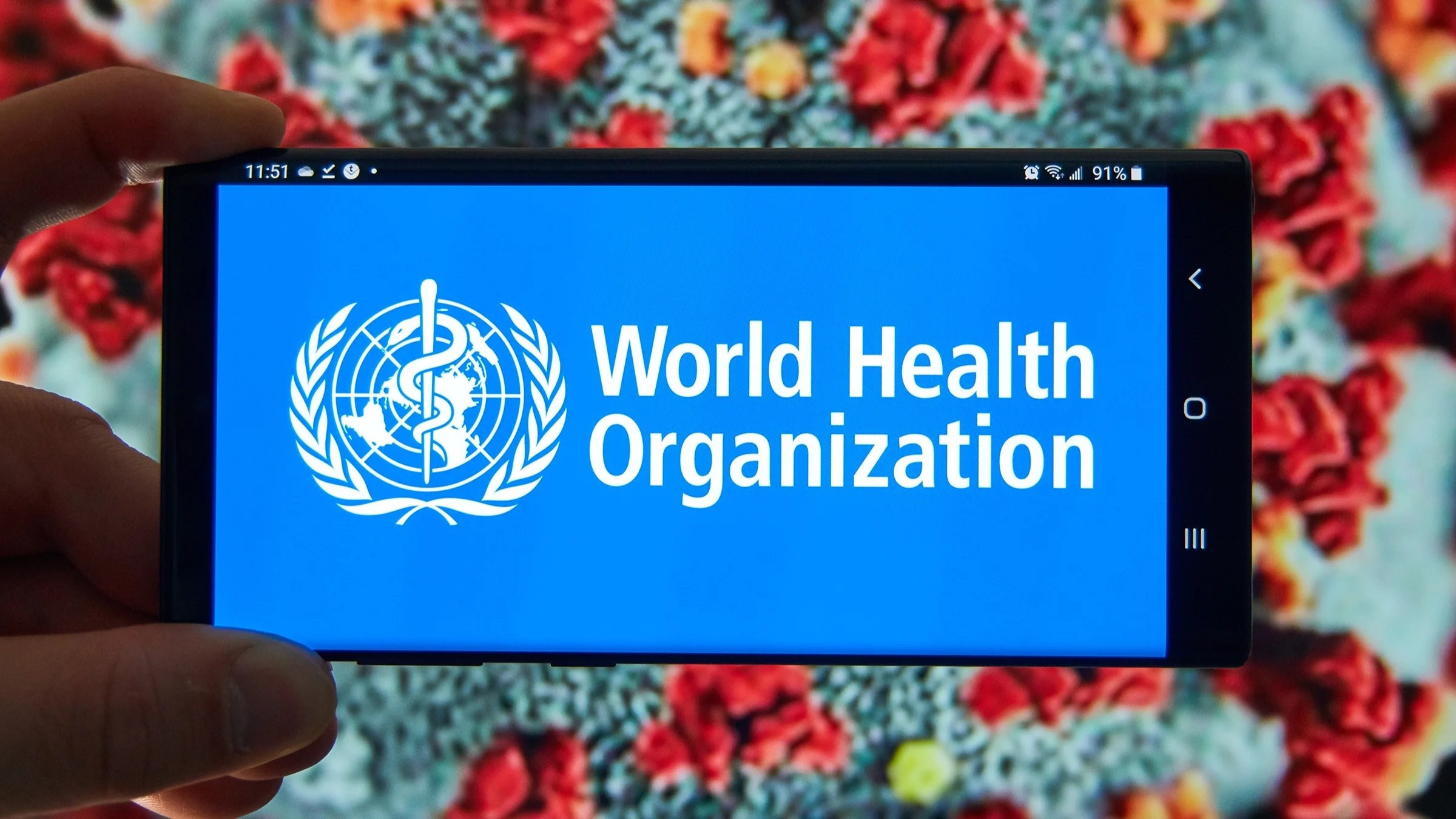 Close-up on a mobile phone with the World Health Organization logo and a graphic of the coronavirus moledcule behind it.