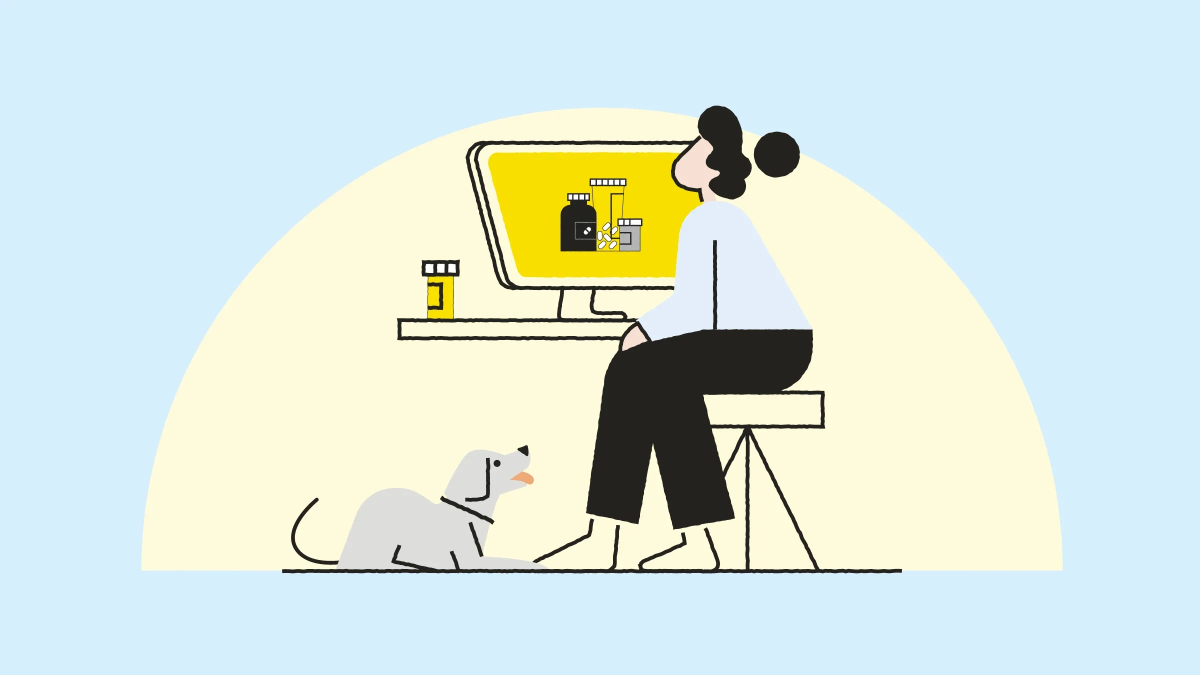 Light blue background with illustration of a woman with a dog at home  
GoodRx Health