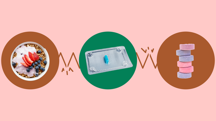 Light red background with three circles across the frame. In the center, on a green circle, is a single blue pill in a blister pack. On the left, on a red circle, is a breakfast granola bowl. On the right, on a red circle, is a stack of pink and purple antacid tablets. 