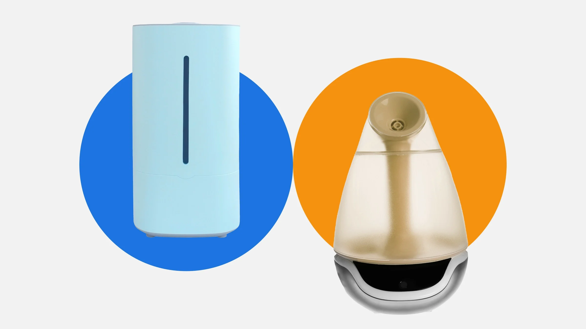 Shown is a light-gray background with two circles, one blue and one orange. On top of the circles are two different humidifiers, one warm and another cool mist.