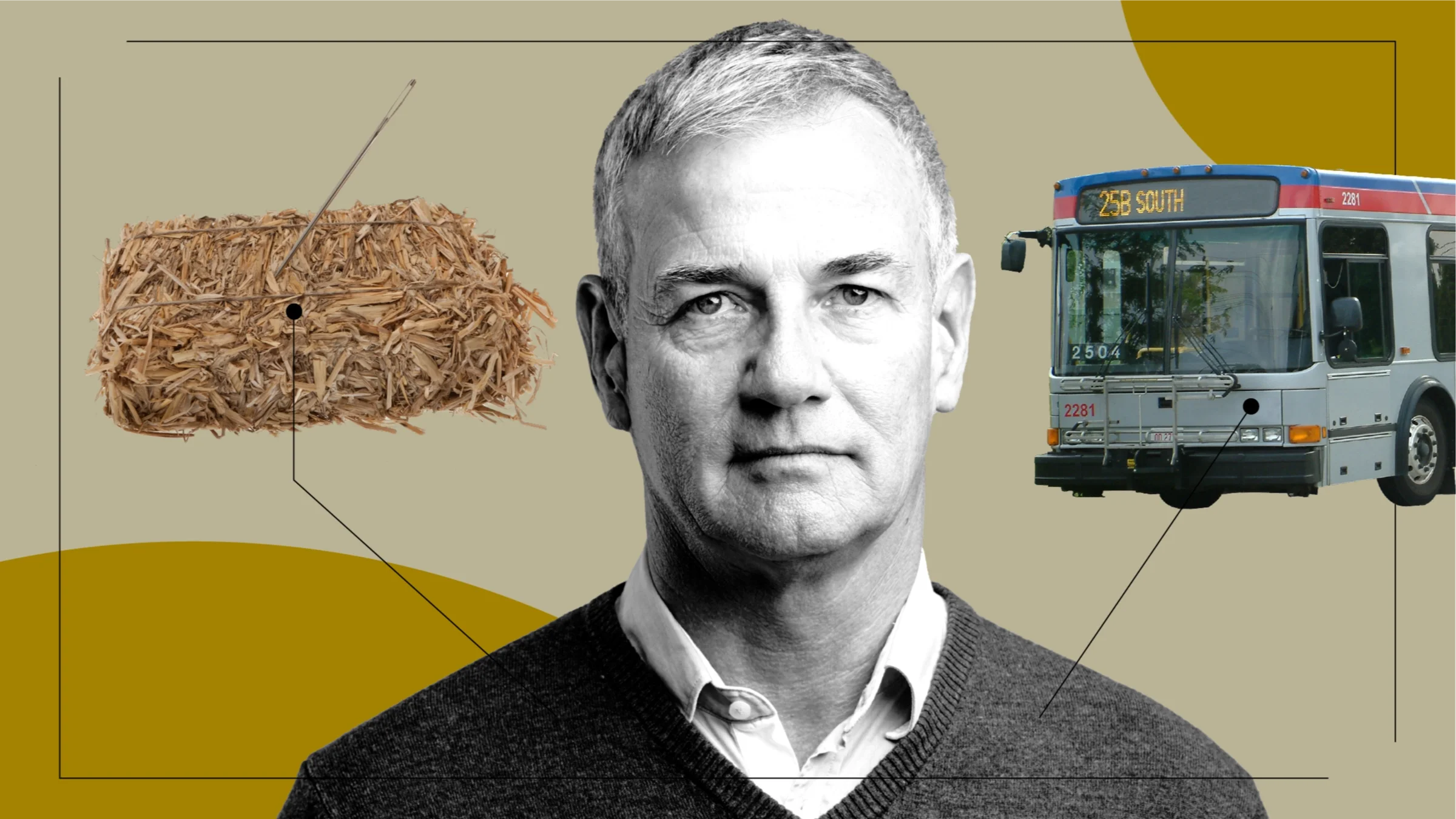 Tan background with a black and white portrait of a middle-aged man in the center. Off of him are diagram lines pointing to what it feels like to search for a kidney donor. On the left, is a needle in a haystack. On the right, is a city bus.