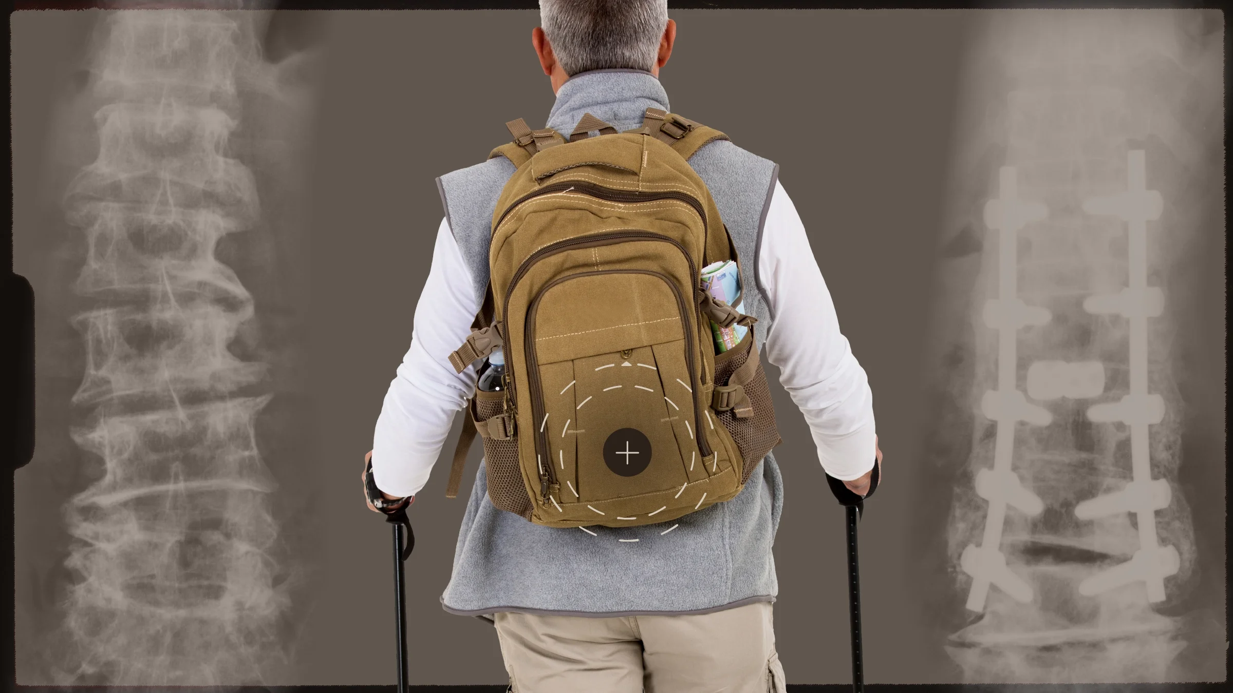 Brown background with X-ray scan border. In the center is a cutout of a man hiking with walking poles. On the left is an ankylosing spondylitis spine pre-surgery. On the right is the spine after spinal fusion.