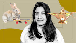 A custom graphic includes a photo of a smiling woman and images representing what taking Zithromax feels like: a rabbit riding a skateboard and a magic lamp.
GoodRx Health