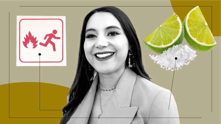 Tan background with black-and-white portrait of a young smiling woman in the center. Off of her are diagram lines pointing to objects representing endometriosis pain. On the left is a sign for a burning building. On the right are two wedges of a lime and salt. 