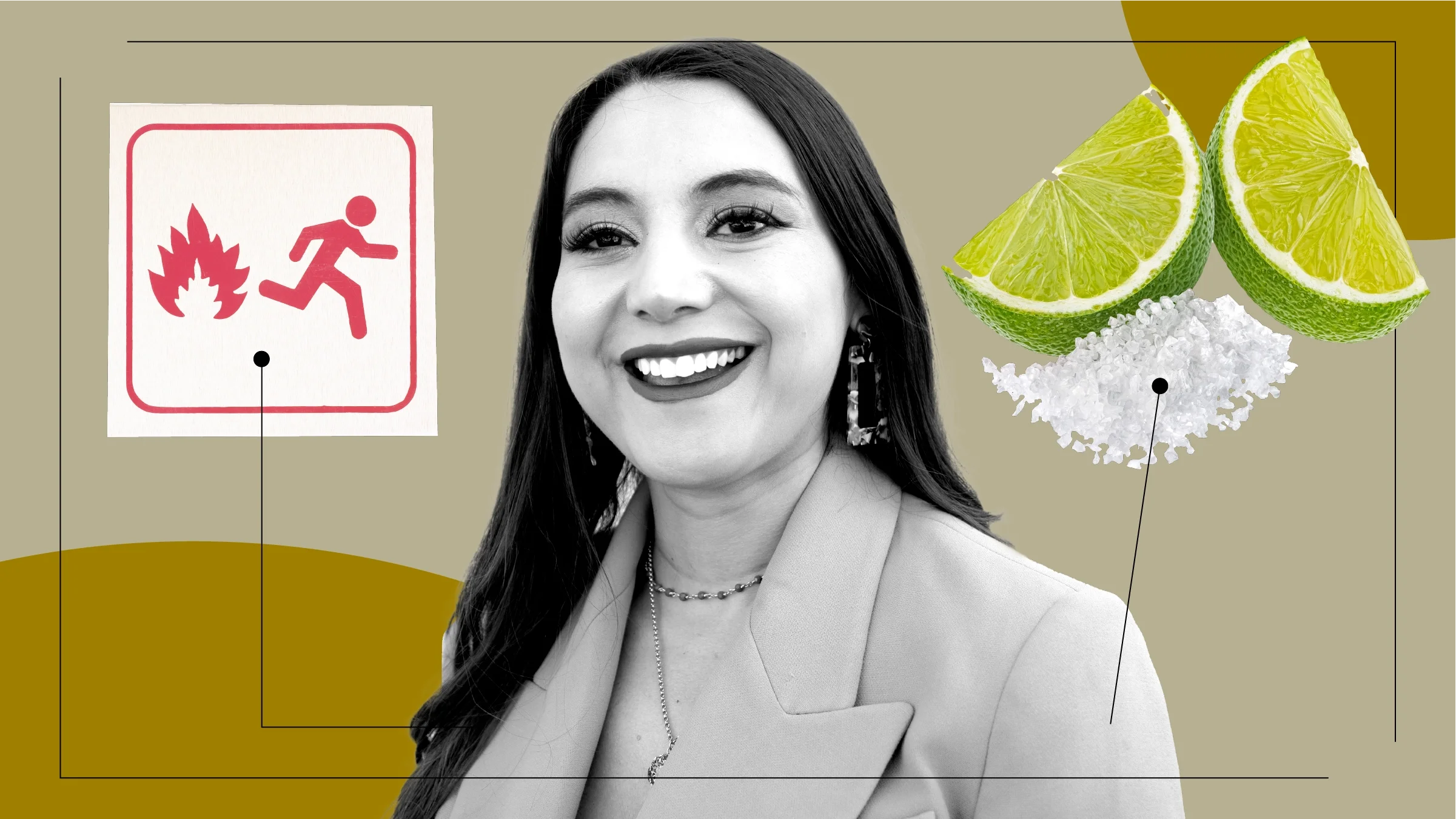 Tan background with black-and-white portrait of a young smiling woman in the center. Off of her are diagram lines pointing to objects representing endometriosis pain. On the left is a sign for a burning building. On the right are two wedges of a lime and salt.
