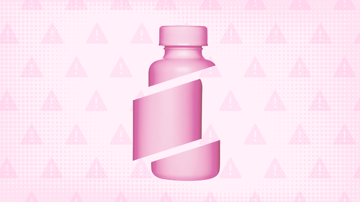 In the center of a light pink background with a texture and warning sign pattern is a pink pill bottle cut into thirds. 
