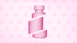 In the center of a light pink background with a texture and warning sign pattern is a pink pill bottle cut into thirds. 
GoodRx Health