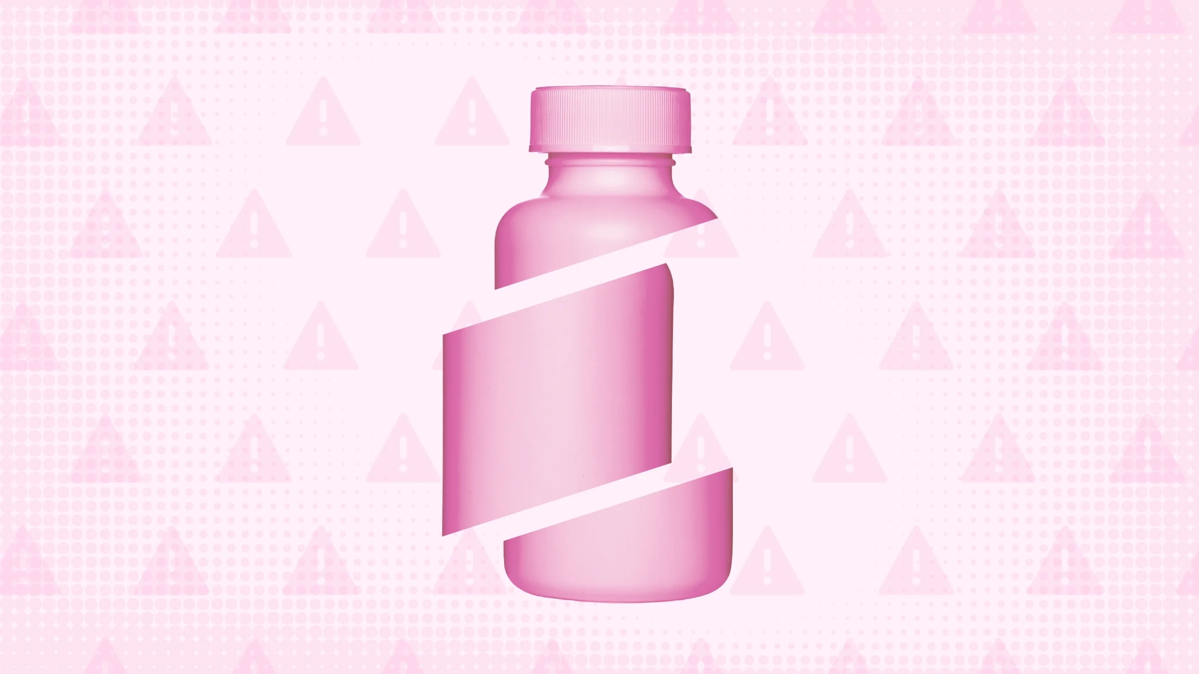 In the center of a light pink background with a texture and warning sign pattern is a pink pill bottle cut into thirds.
