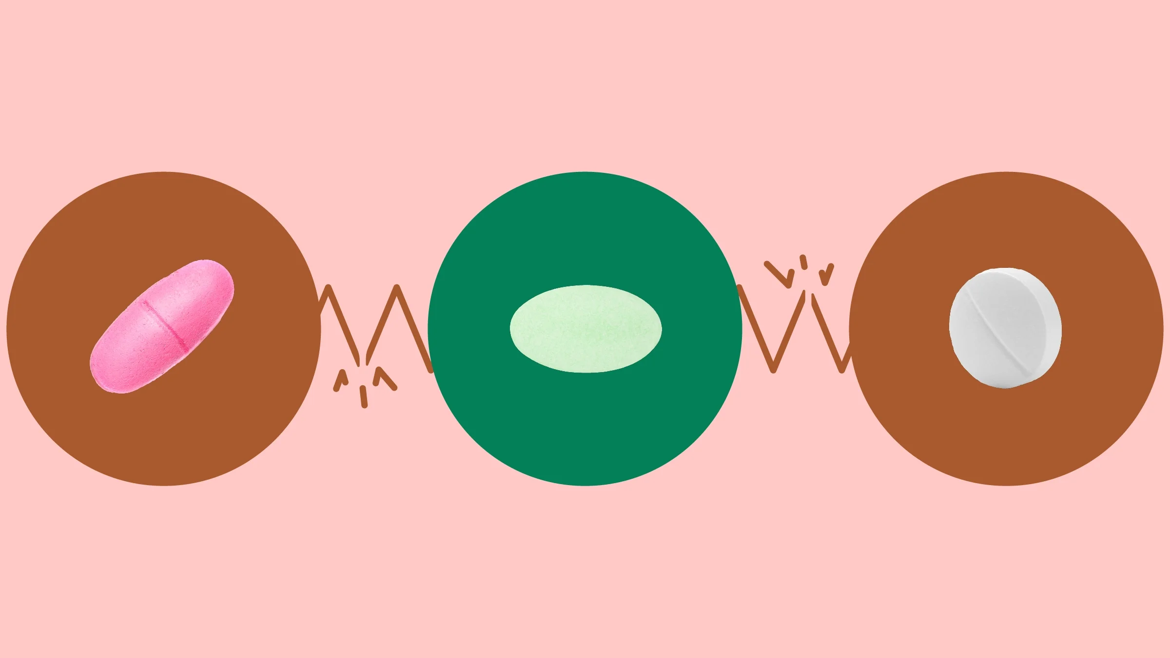 The image shows a light red background with three circles across the frame. In the center, on a green circle, is a small oval-ish light green pill. On the left, on a red circle, is an oblong pink pill. On the right, on a red circle, is a white round pill. 