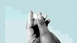 Light blue background with graph paper texture and representational step graph. In the center is a black-and-white cutout of a hand holding a single pill.
GoodRx Health