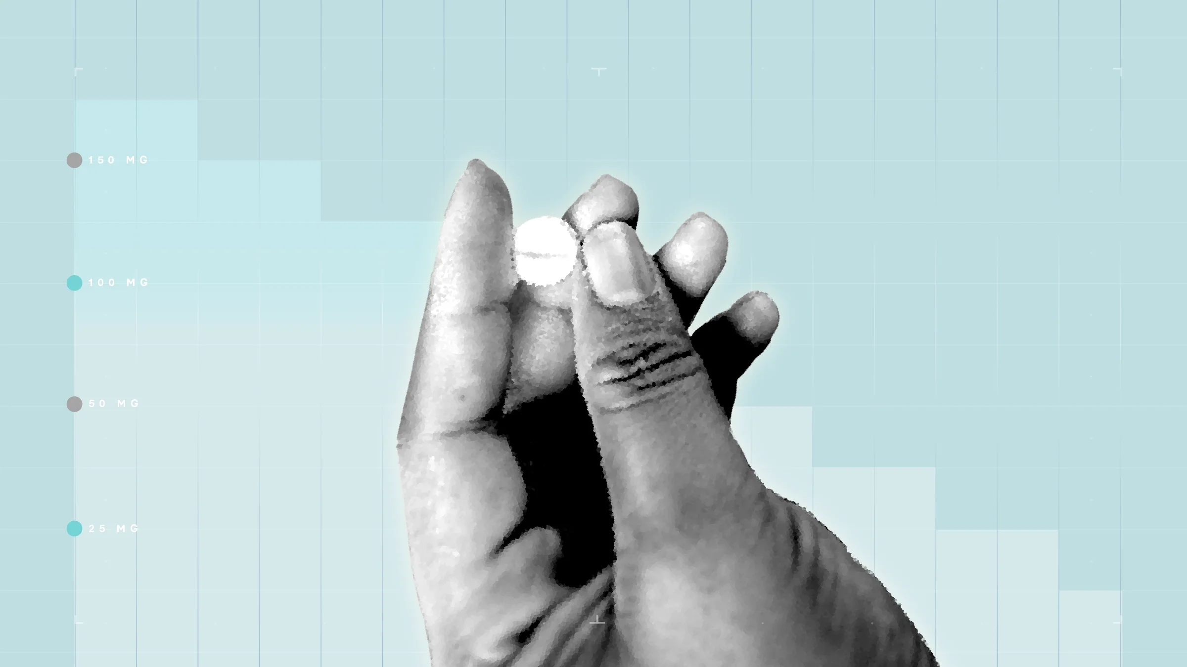 Light blue background with graph paper texture and representational step graph. In the center is a black-and-white cutout of a hand holding a single pill.