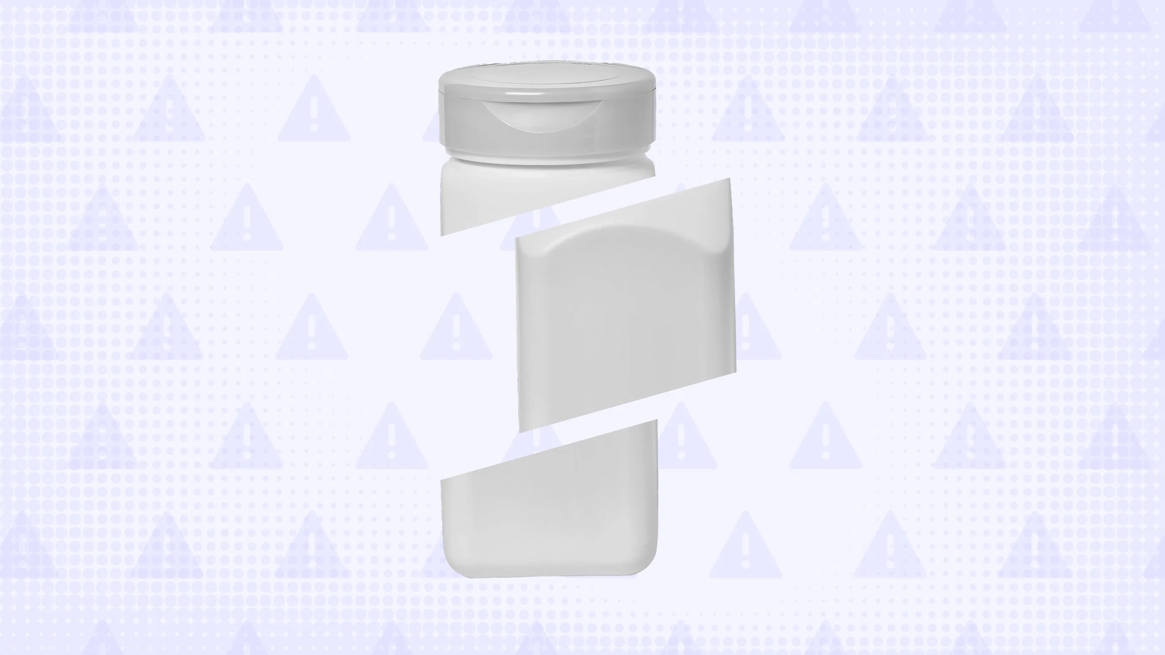 Light purple background with texture and warning sign pattern. In the center is a skinny white pill bottle cut into thirds. 