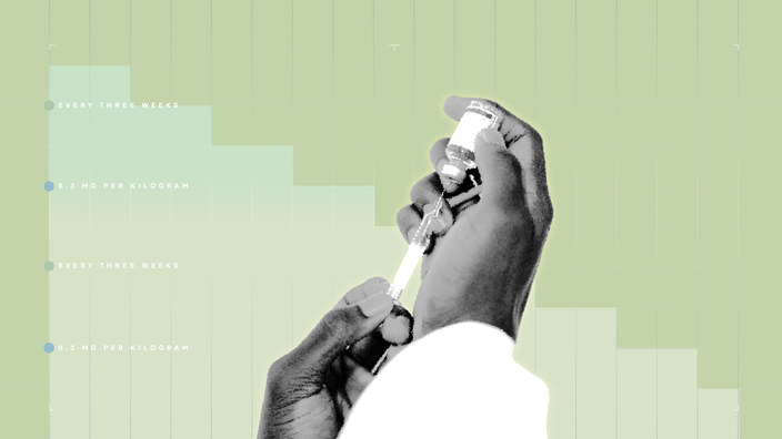 A custom graphic includes a graph-paper background and hands filling a syringe from a medication vial. 