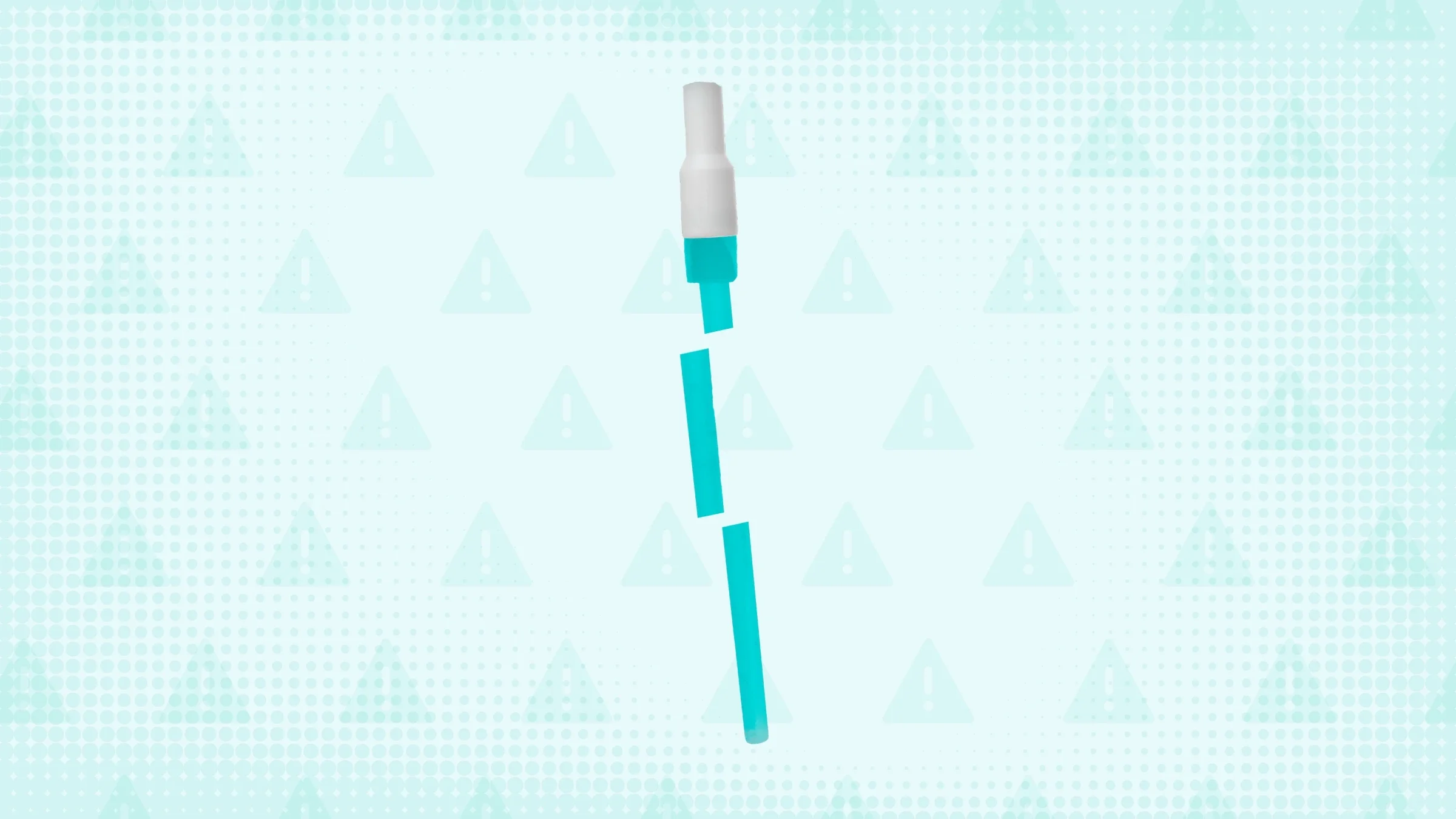 Teal textured background with warning sign pattern. In the center is a Flumist vial cut into thirds.