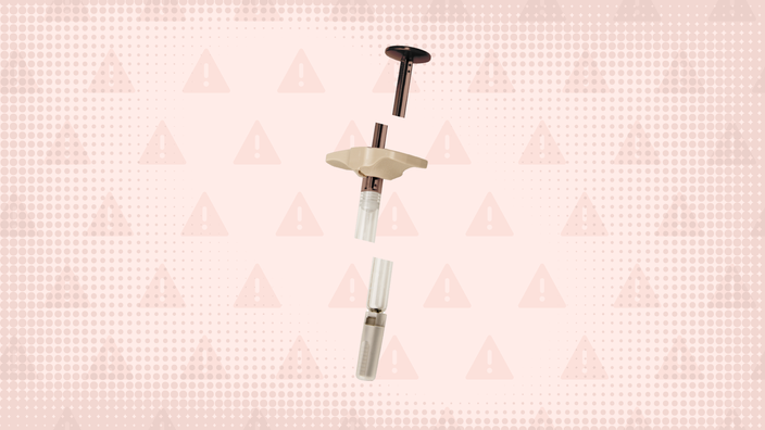 A graphic includes a dusty-pink background with a warning sign pattern and a plastic medication injector cut into thirds.