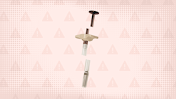 A graphic includes a dusty-pink background with a warning sign pattern and a plastic medication injector cut into thirds.
GoodRx Health
