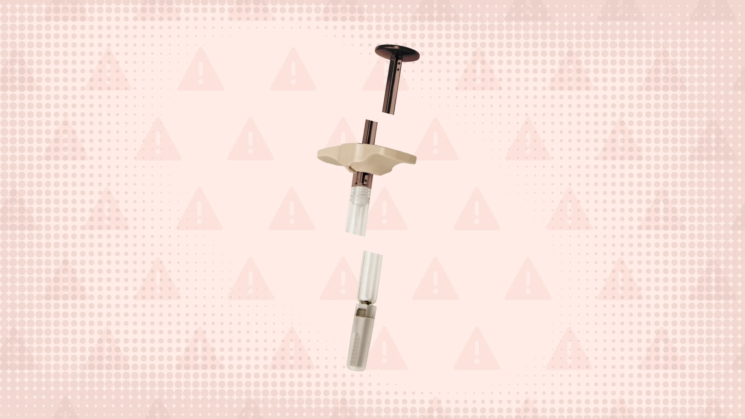 A graphic includes a dusty-pink background with a warning sign pattern and a plastic medication injector cut into thirds.