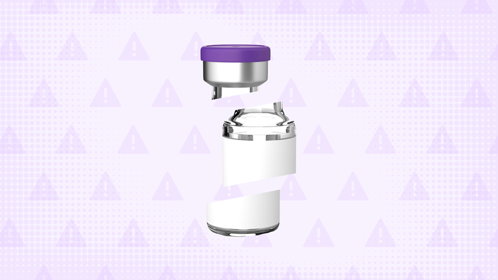 Light-purple background with texture and warning sign pattern. In the center is a medication vial, cut into thirds, with a purple lid. 