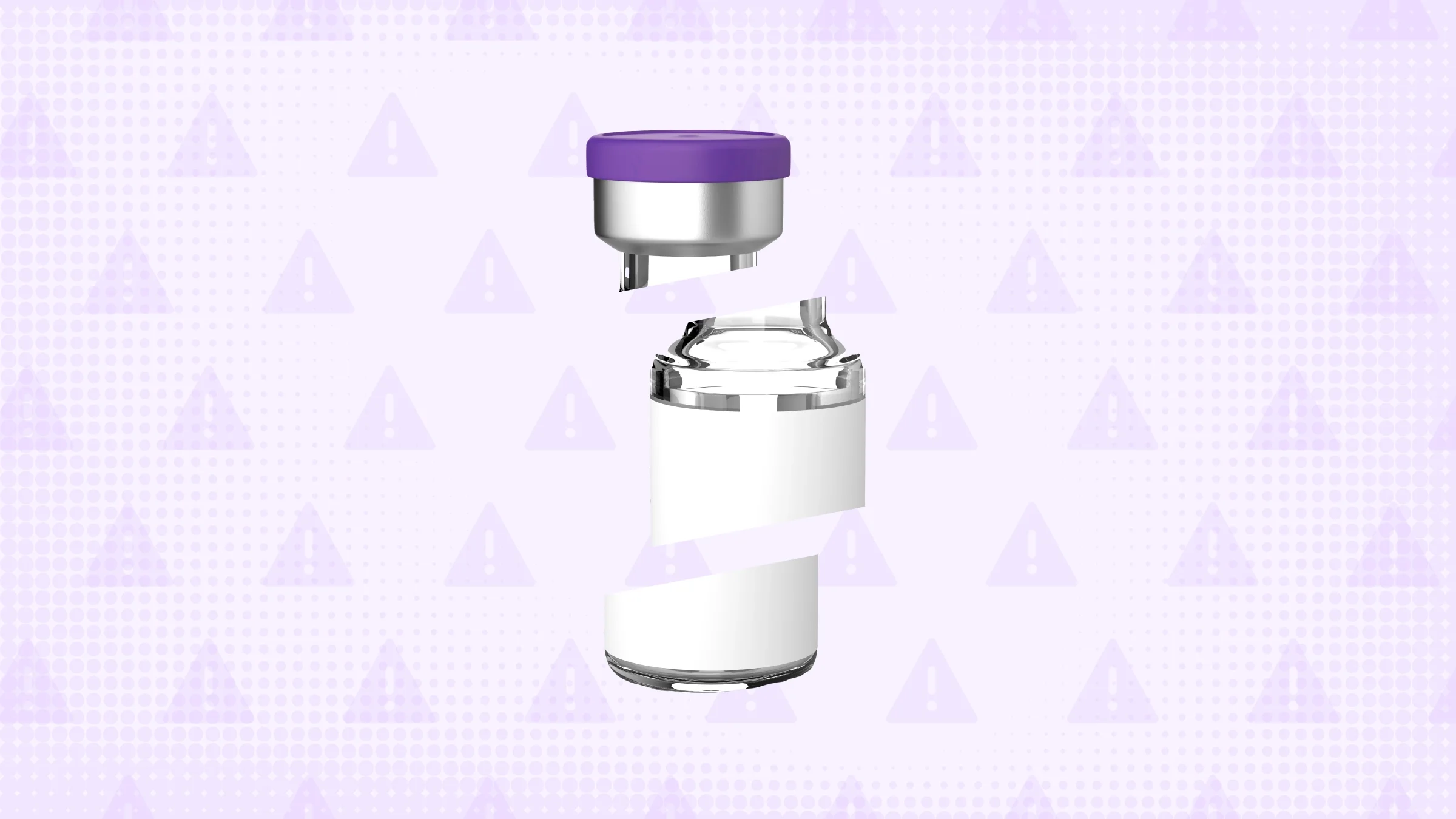 Light-purple background with texture and warning sign pattern. In the center is a medication vial, cut into thirds, with a purple lid. 