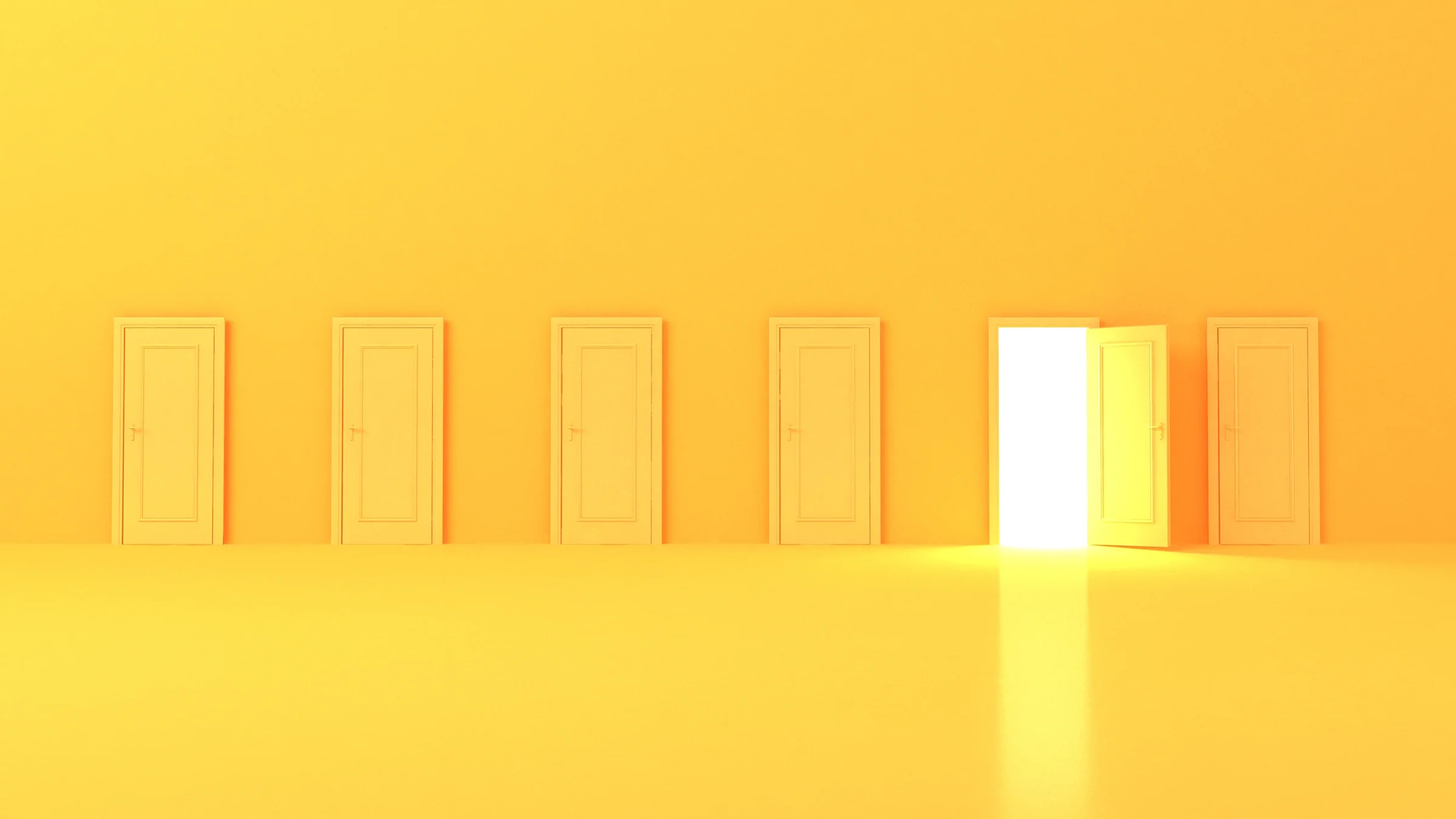 Six yellow doors with one wide open on a yellow background. There is bright white light shining through the open door.