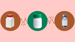 Light red background with three circles across the frame. In the center, on a green circle, is a white-and-green pill bottle. On the left, on a red circle, is a white-and-red pill bottle. On the right, on a red circle, is a silver-gray medication vial. 
GoodRx Health