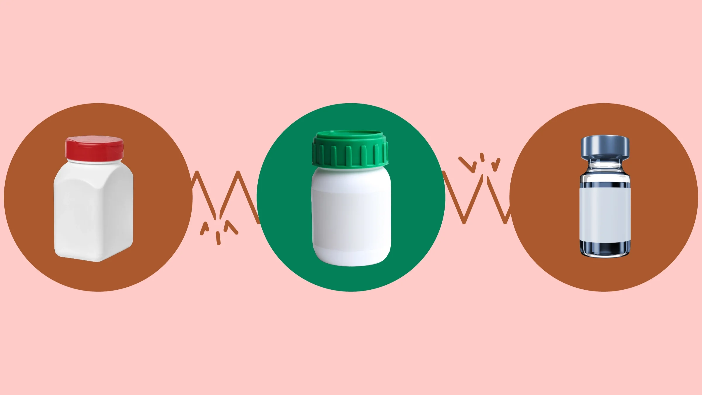 Light red background with three circles across the frame. In the center, on a green circle, is a white-and-green pill bottle. On the left, on a red circle, is a white-and-red pill bottle. On the right, on a red circle, is a silver-gray medication vial.