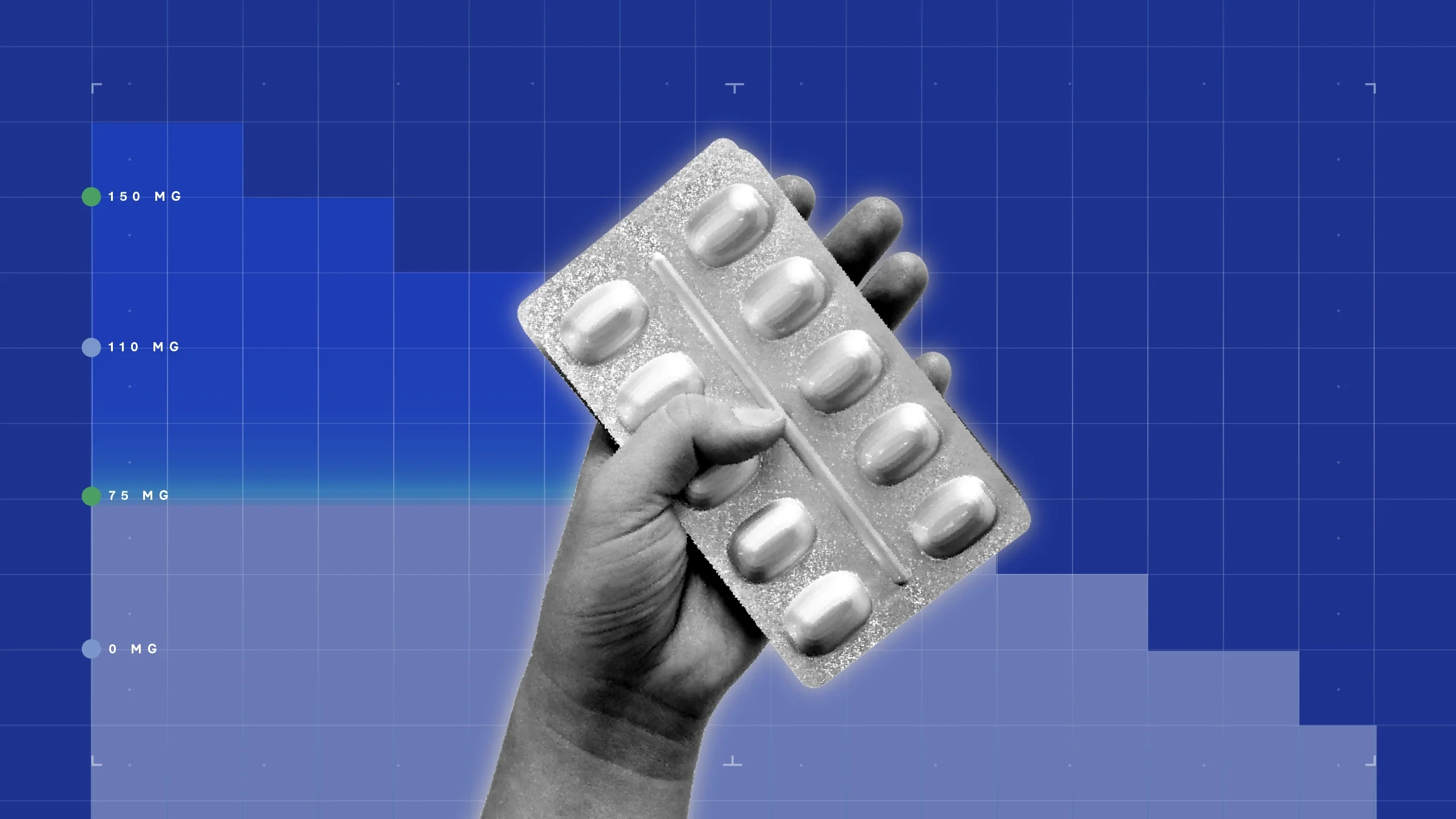A cutout of a hand holding a blister pill pack is set against a dark-blue, step-graph background.