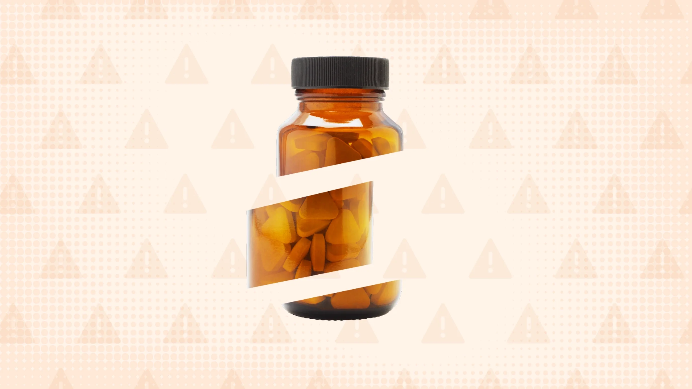 Light orange tan background with a halftone texture and warning sign pattern. In the center is an amber-colored pill bottle, filled with triangular pills, cut apart into three sections.