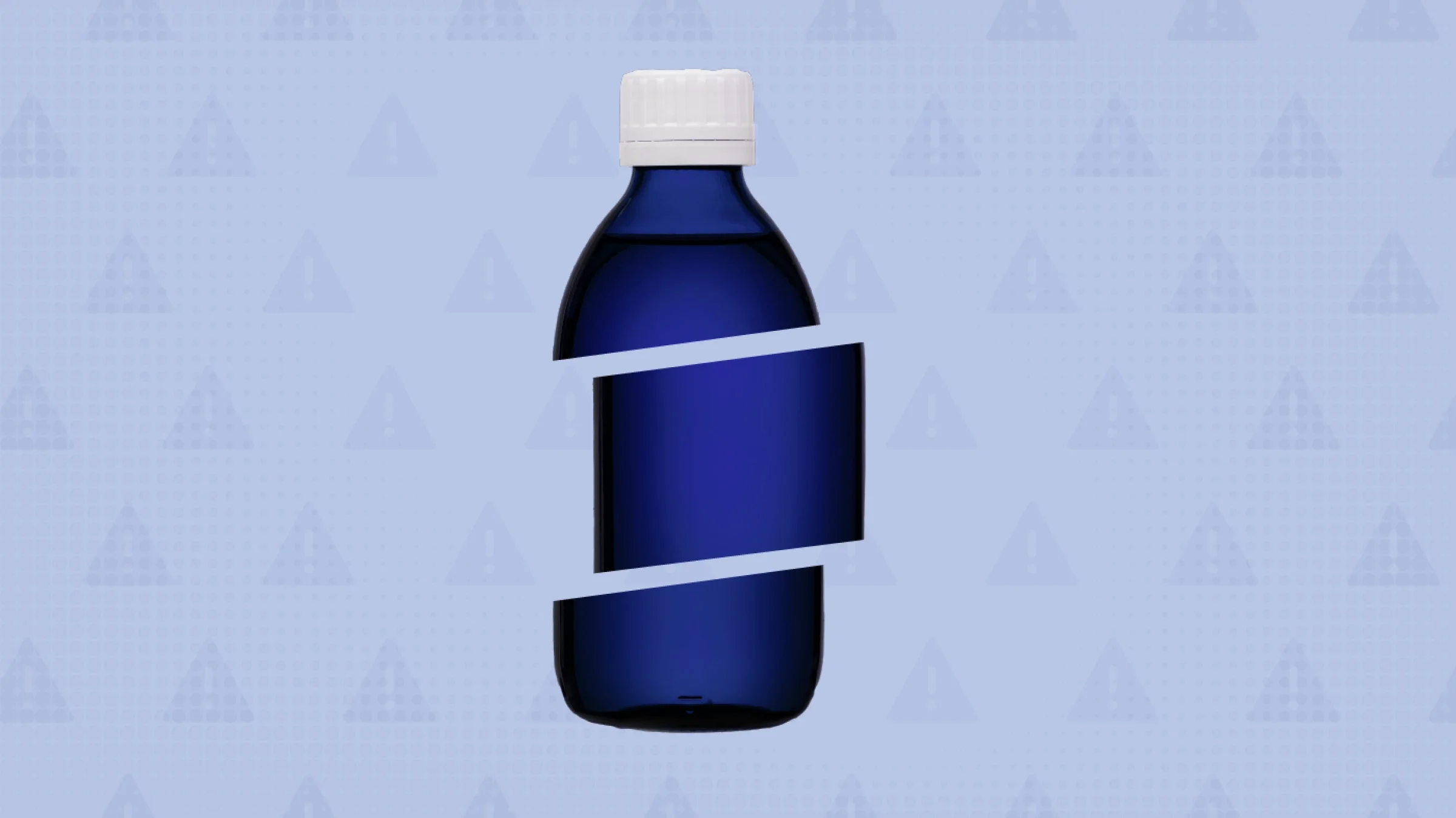 Murky subdued blue with a halftone texture and warning side pattern as the background. In the center is a bright blue liquid medicine bottle cut into thirds.