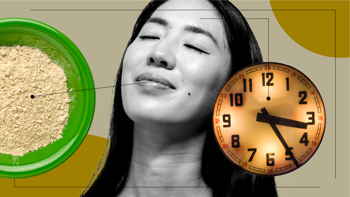 Tan background with black and white portrait of a woman with her eyes closed looking up. Off of her are diagram lines pointing to objects representing ashwagandha for perimenopause. On the left is a green bowl of ashwagandha powder. On the right is a glowing clock reading 3:20am
