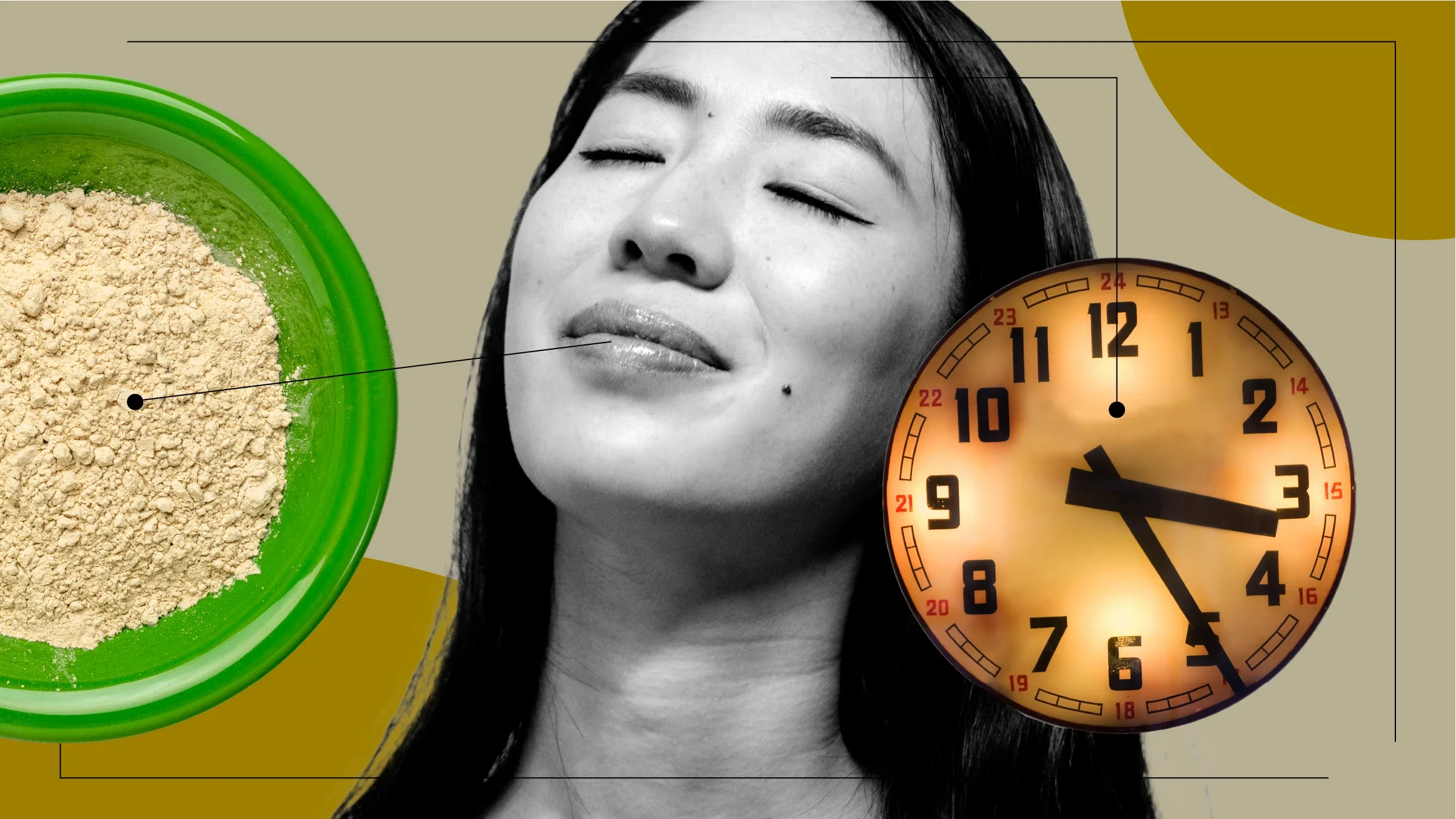 Tan background with black and white portrait of a woman with her eyes closed looking up. Off of her are diagram lines pointing to objects representing ashwagandha for perimenopause. On the left is a green bowl of ashwagandha powder. On the right is a glowing clock reading 3:20am
GoodRx Health