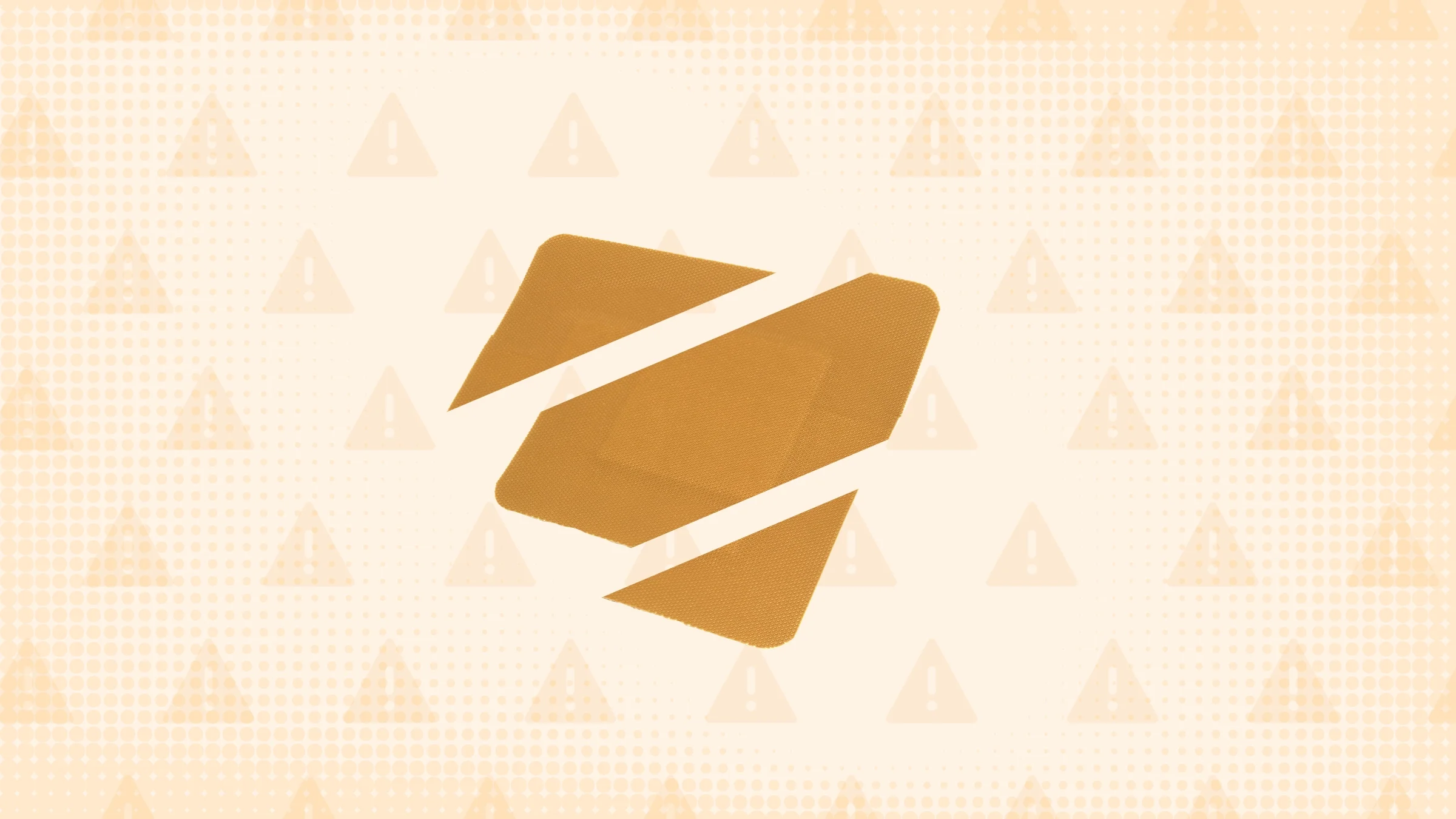 Light-orange background with texture and warning sign pattern. In the center is a brown medicine patch cut into thirds. 