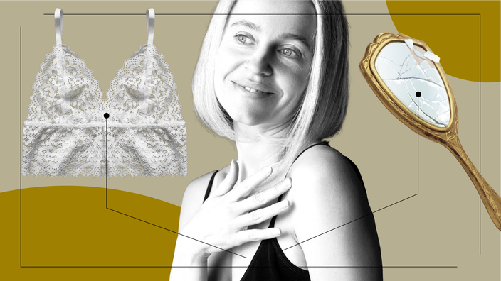 Tan background with black and white cutout portrait of a woman with her hand on her chest. Off of her are diagram lines pointing to objects representing what it’s like to shop for bras after a mastectomy. On the left is a soft lace white bra. And on the right is a smashed gold mirror.