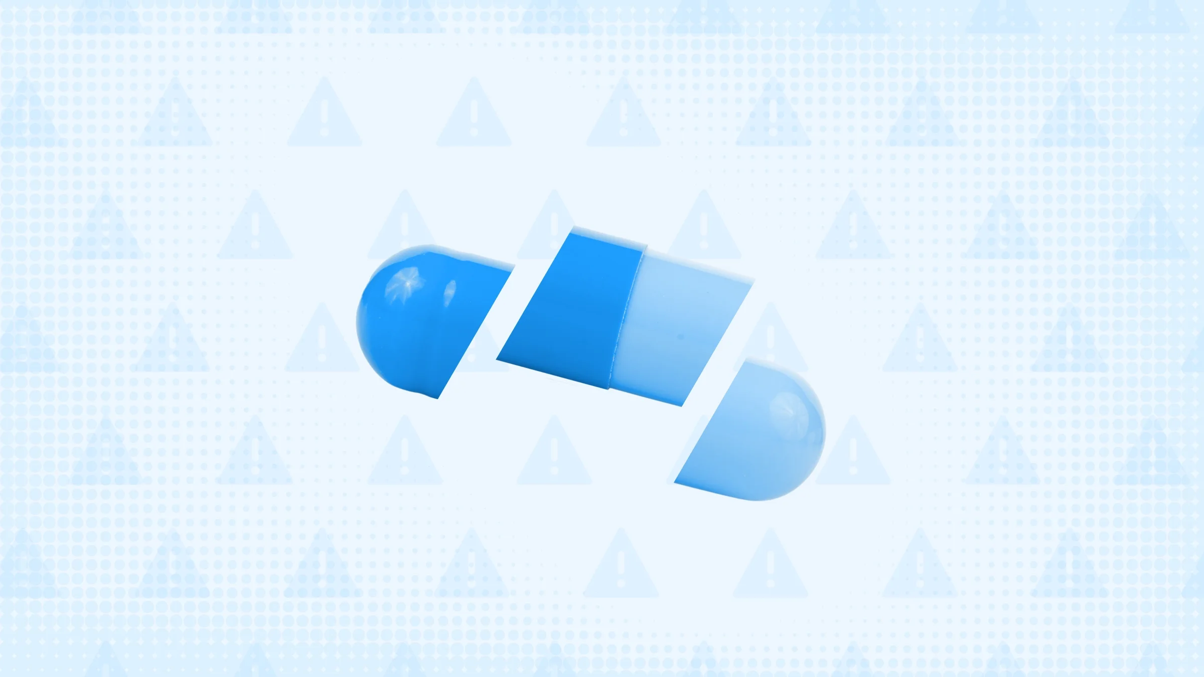 In the center of a light blue background with texture and warning sign pattern is a blue capsule pill cut into thirds. 