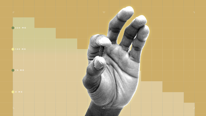 In the center of a light yellow golden background with graph paper texture and representational step graph is a black and white cutout of a hand holding a single pill.