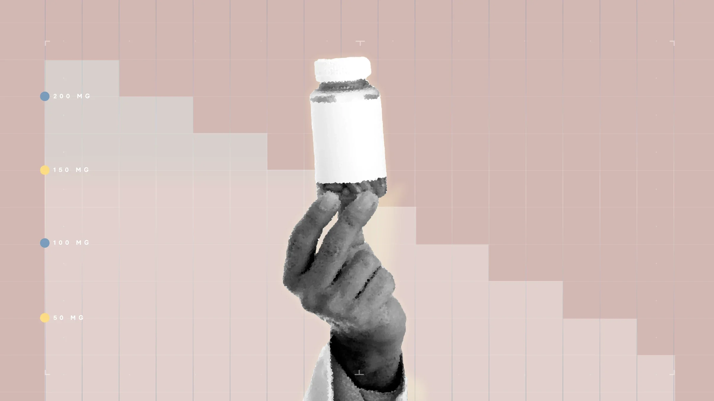 In the center of a light pink background with graph paper texture and representational step graph is a black and white cutout of a hand holding a medication bottle.
GoodRx Health